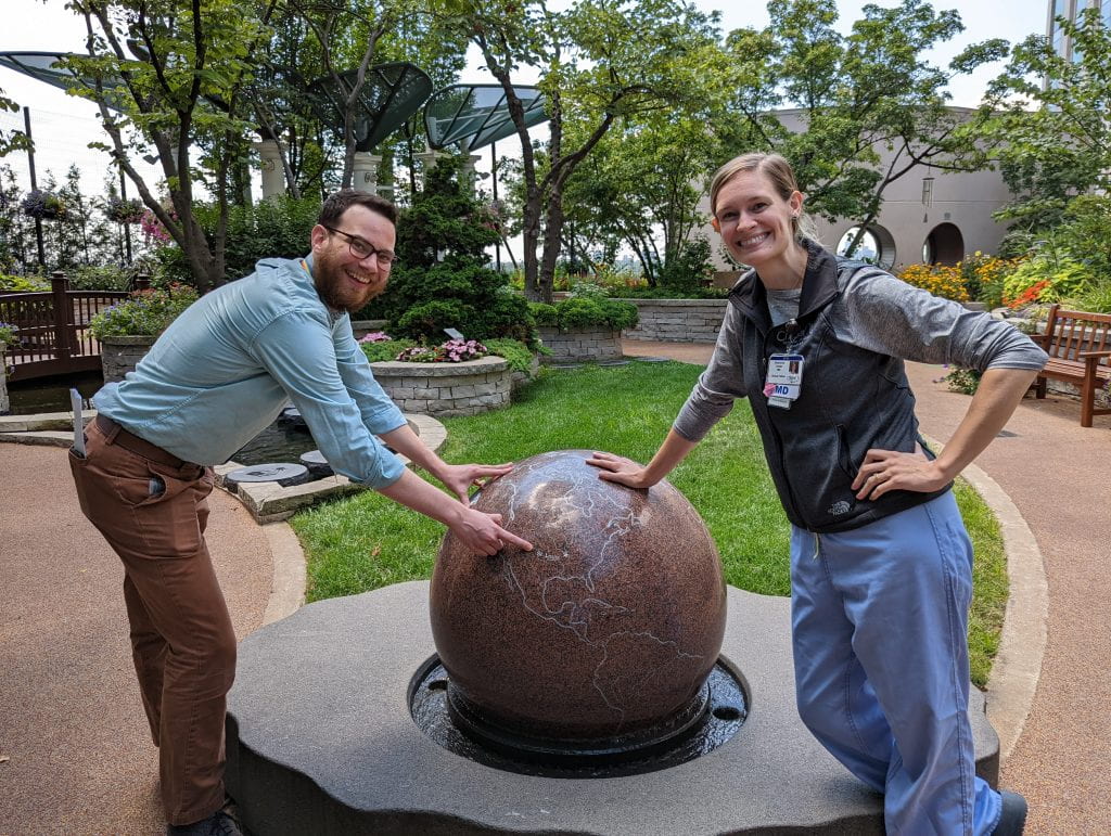 St. Louis Children's Hospital garden globe, showing St. Louis. 